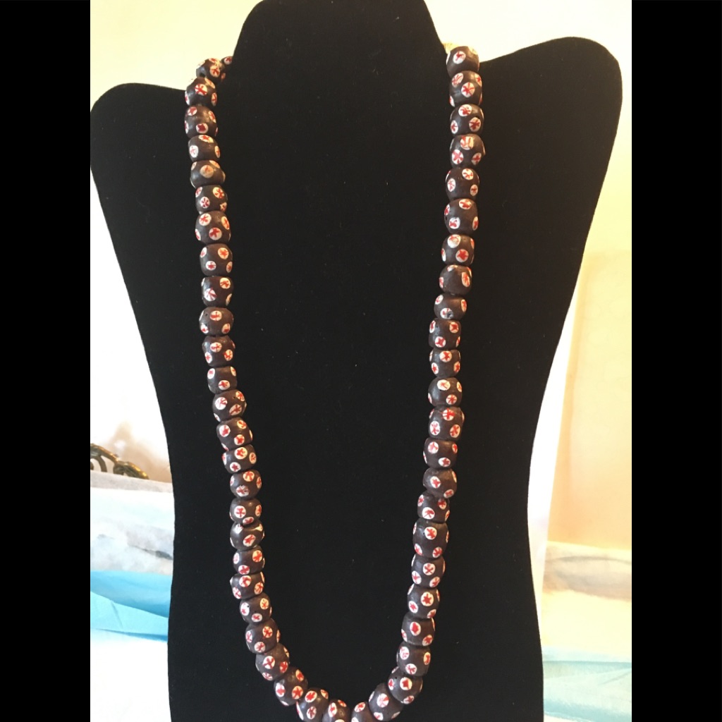 Brown Hand Painted Beaded Necklace With Twine